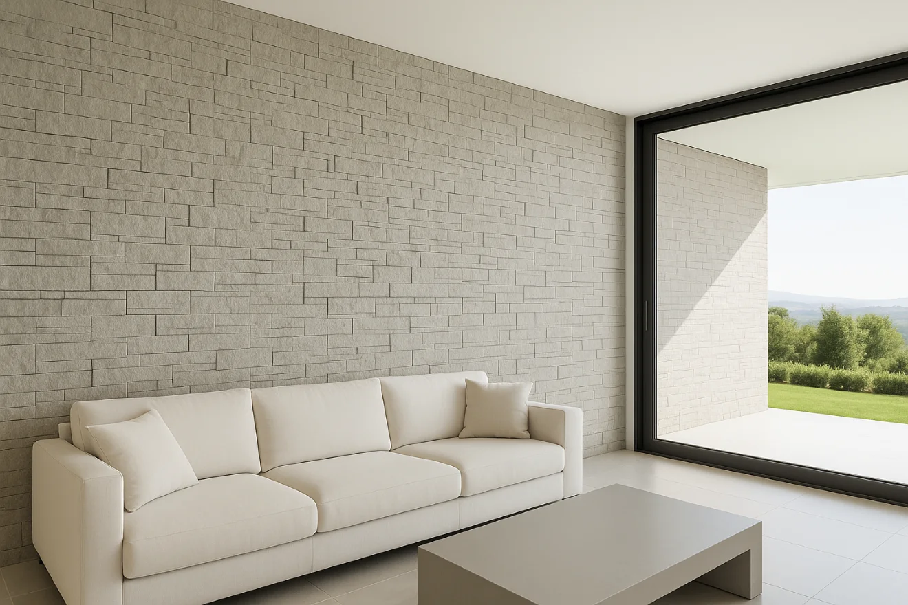 Salón moderno de lujo con pared de piedra artificial gris clara y sofá blanco frente a grandes ventanales