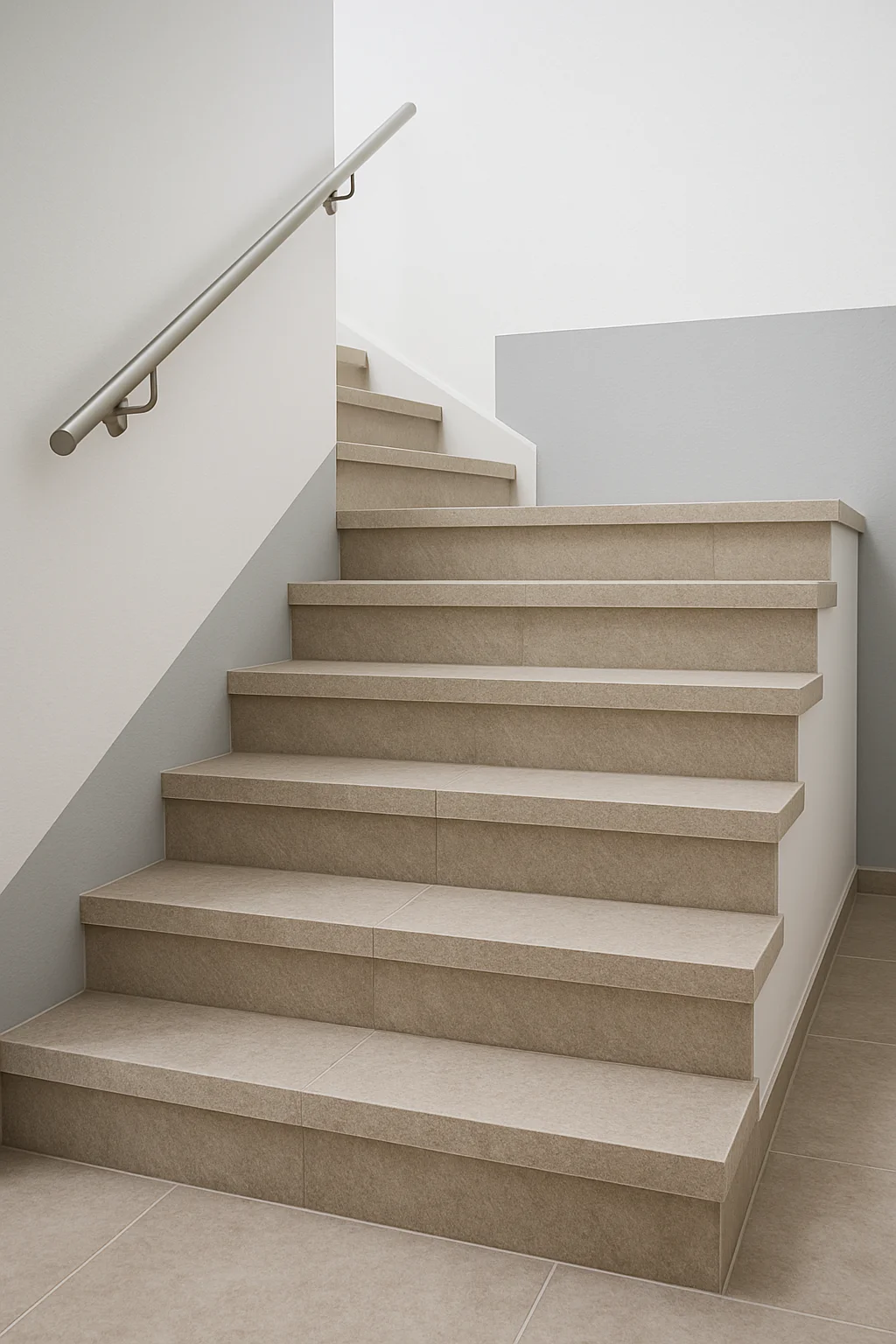 Escalera moderna con peldaños de piedra artificial en tonos neutros