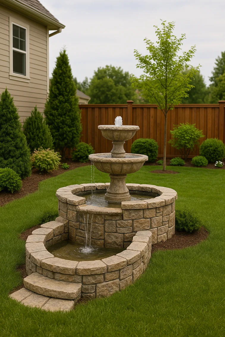 Fuente decorativa de piedra artificial en un jardín residencial