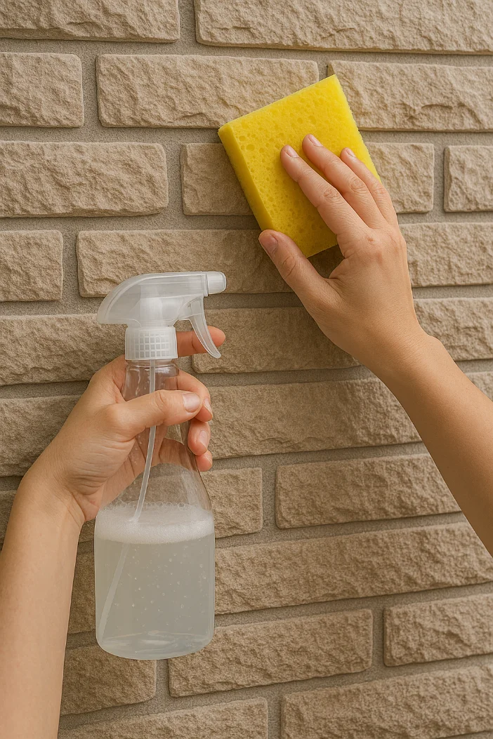 Limpieza de una pared de piedra artificial con esponja y jabón neutro