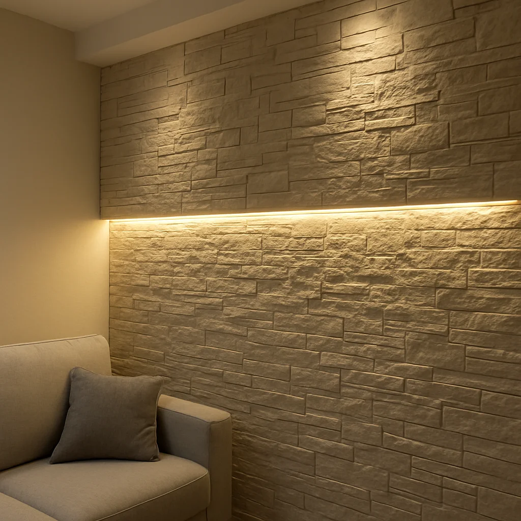 Pared interior revestida con piedra artificial e iluminación LED integrada