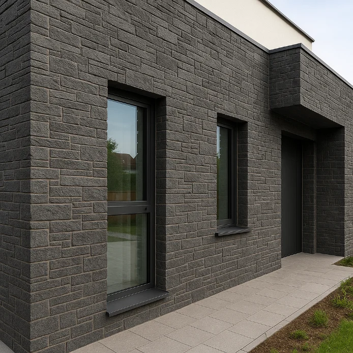 Fachada moderna revestida con piedra artificial gris texturizada